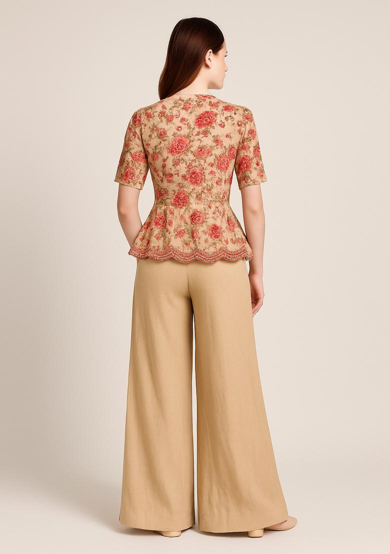 Cream Sequin Embroidered Blouse Georgette Fusion Set - Indya