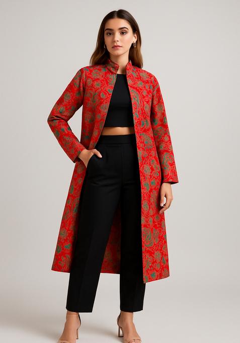 Red Sequin Embroidered Crepe Fusion Set