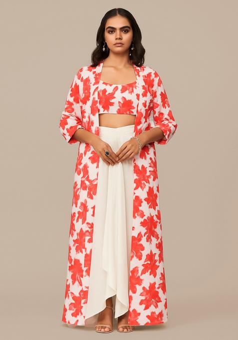 Red Printed Crepe Fusion Set