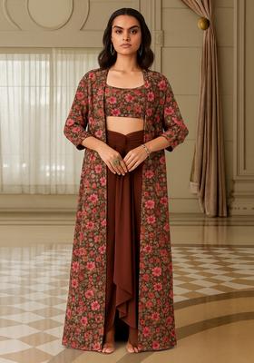 Brown Printed Crepe Fusion Set