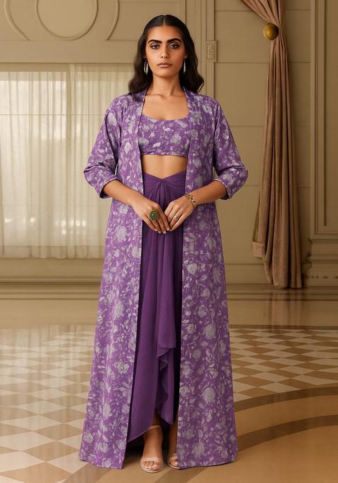 Purple Printed Crepe Fusion Set
