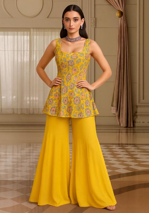 Yellow Embroidered Georgette Fusion Set