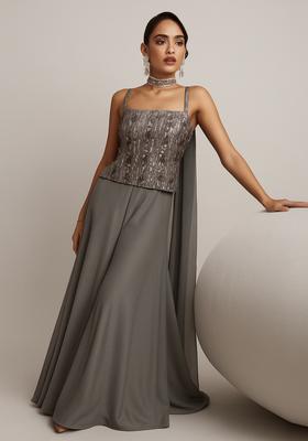 Grey Sequin Embellished Net Fusion Set