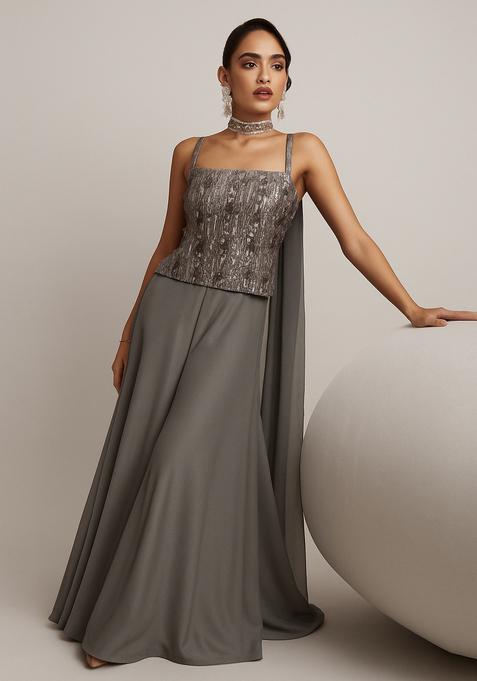 Grey Sequin Embellished Net Fusion Set