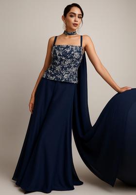 Navy Blue Sequin Embroidered Net Fusion Set