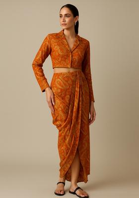Orange Sequin Embroidered Crepe Fusion Set