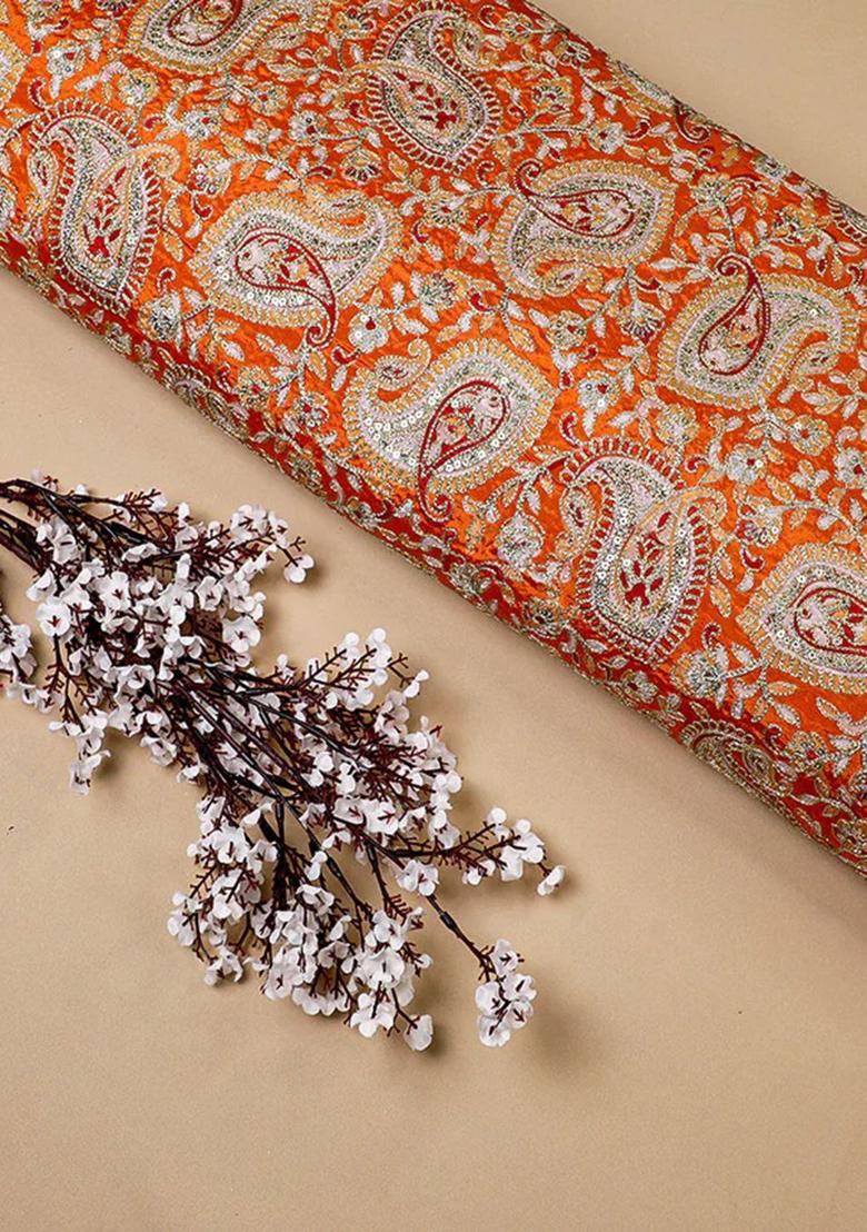 Orange Sequin Embroidered Crepe Fusion Set - Indya