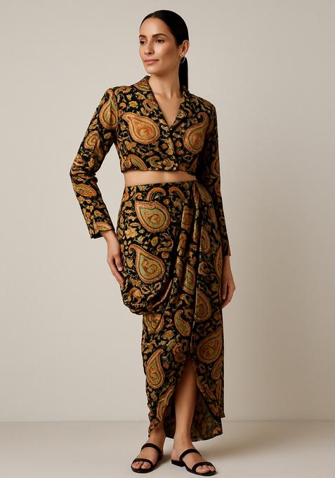 Black Sequin Embroidered Crepe Fusion Set