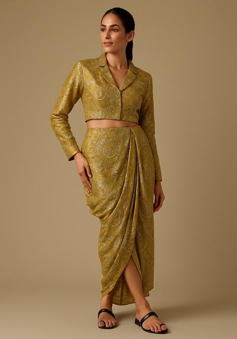 Golden Sequin Embroidered Crepe Fusion Set
