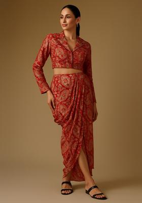 Red Sequin Embroidered Crepe Fusion Set