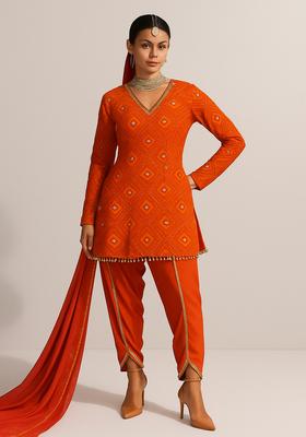 Orange Embellished Chinon Chiffon Fusion Set