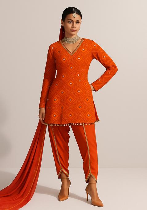 Orange Embellished Chinon Chiffon Fusion Set