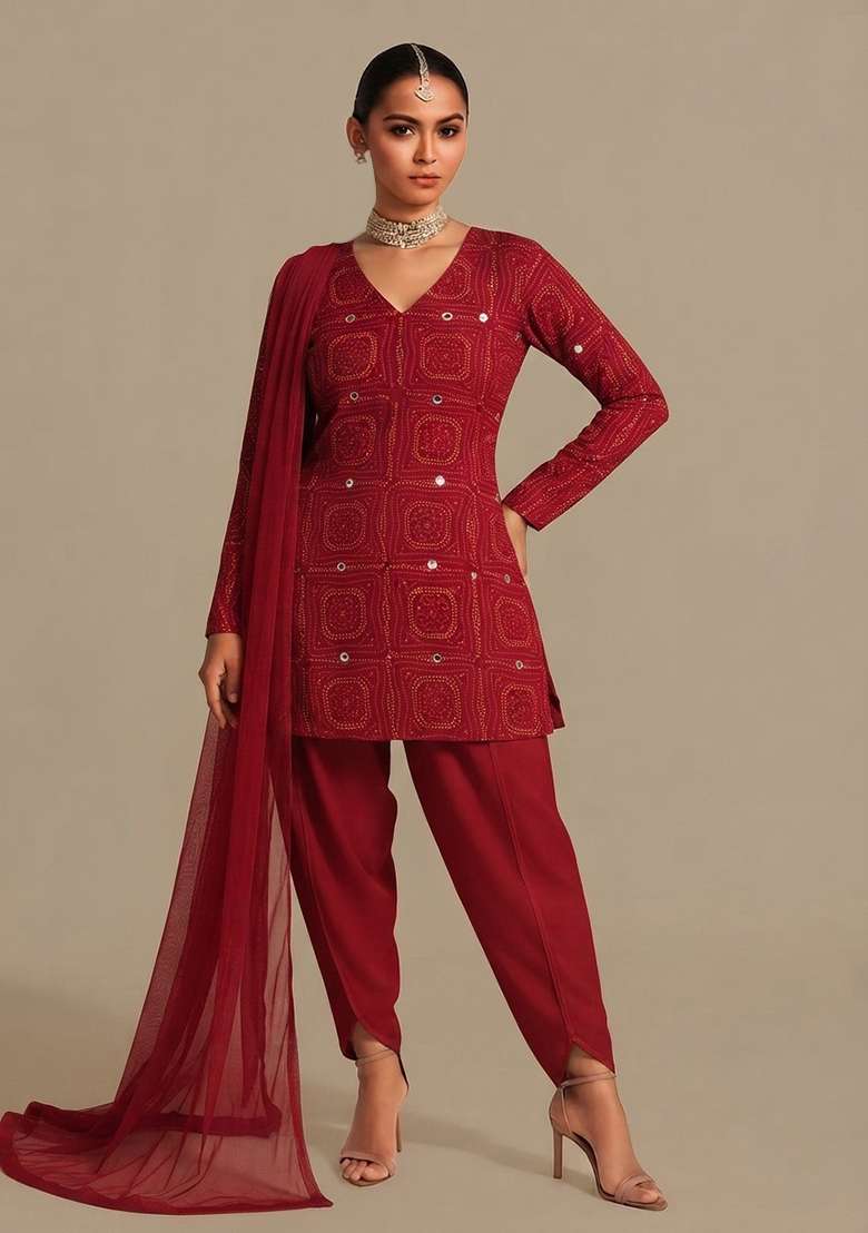 Red Embellished Chinon Chiffon Fusion Set - Indya