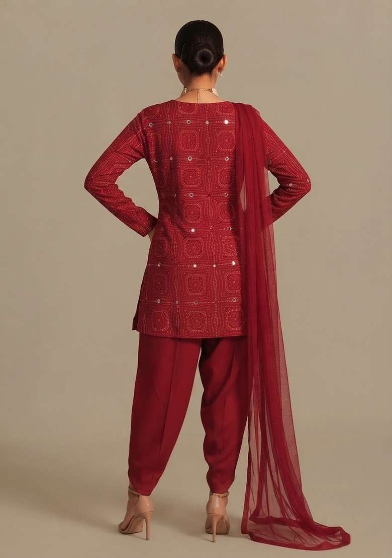 Red Embellished Chinon Chiffon Fusion Set - Indya
