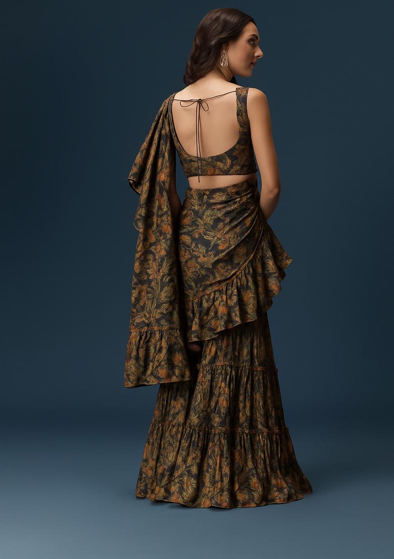 Black Printed Chiffon Fusion Set - Indya