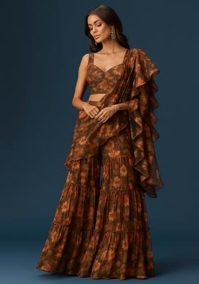Brown Printed Chiffon Fusion Set