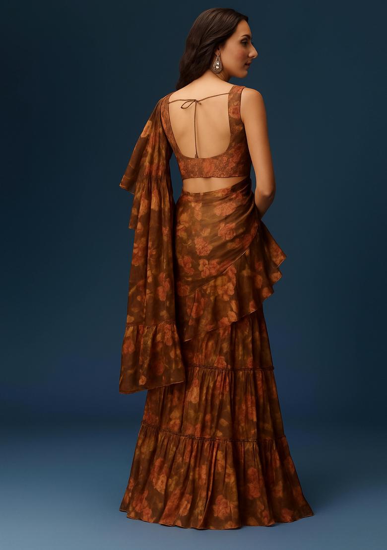 Brown Printed Chiffon Fusion Set - Indya