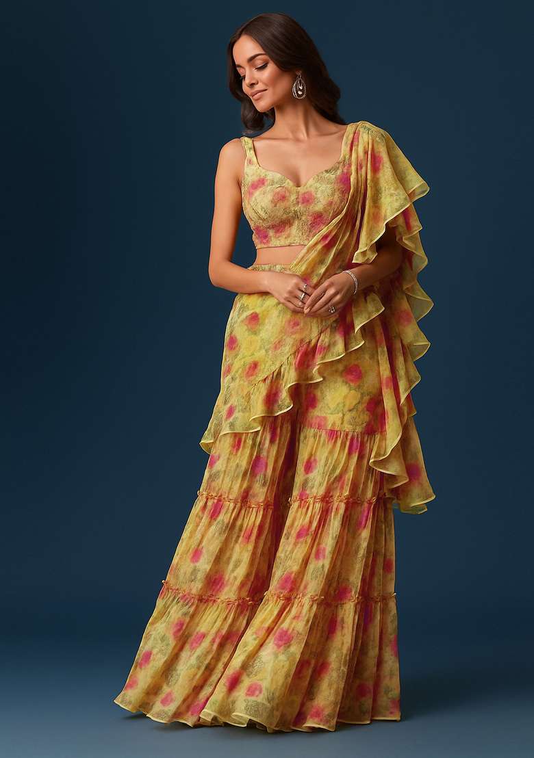 Yellow Printed Chiffon Fusion Set - Indya