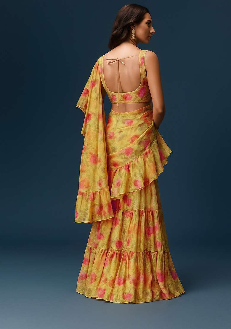 Yellow Printed Chiffon Fusion Set - Indya