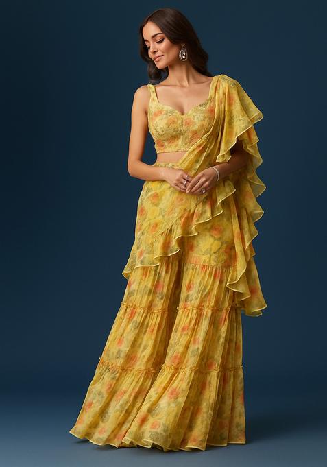 Yellow Printed Chiffon Fusion Set