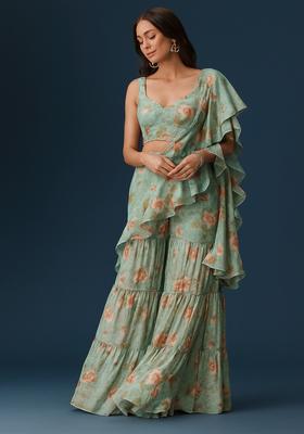 Pista Green Printed Chiffon Fusion Set