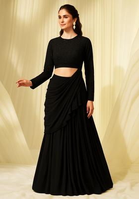 Black Embroidered Slub Silk Fusion Set