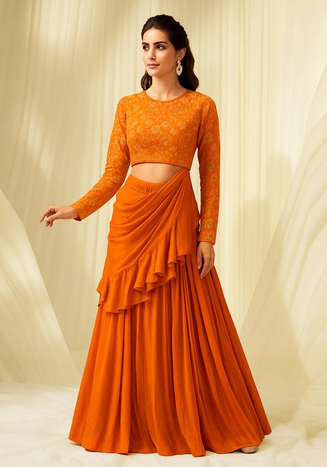 Orange Embroidered Slub Silk Fusion Set
