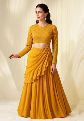 Mustard Yellow Embroidered Raw Silk Fusion Set