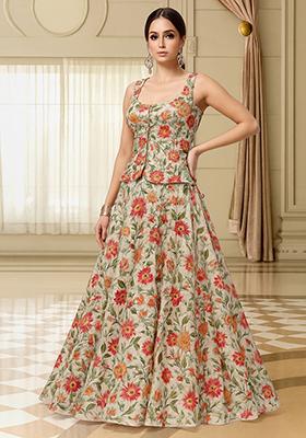 Beige Embroidered Organza Lehenga Set