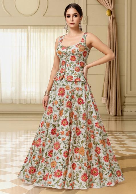 Beige Embroidered Organza Lehenga Set