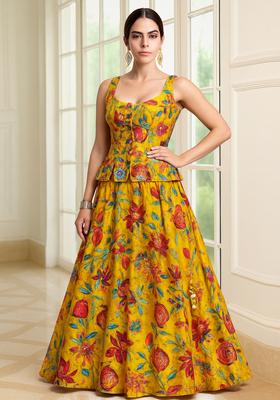Yellow Embroidered Organza Lehenga Set