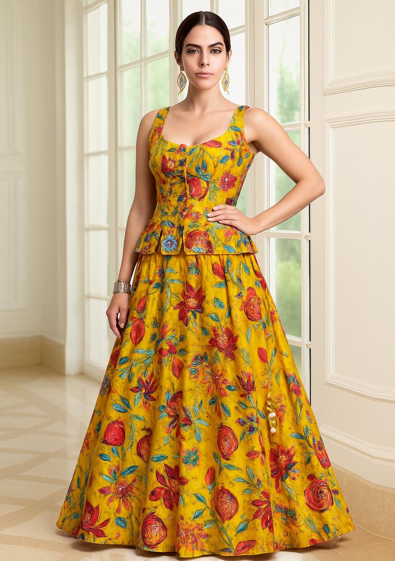 Yellow Embroidered Organza Lehenga Set
