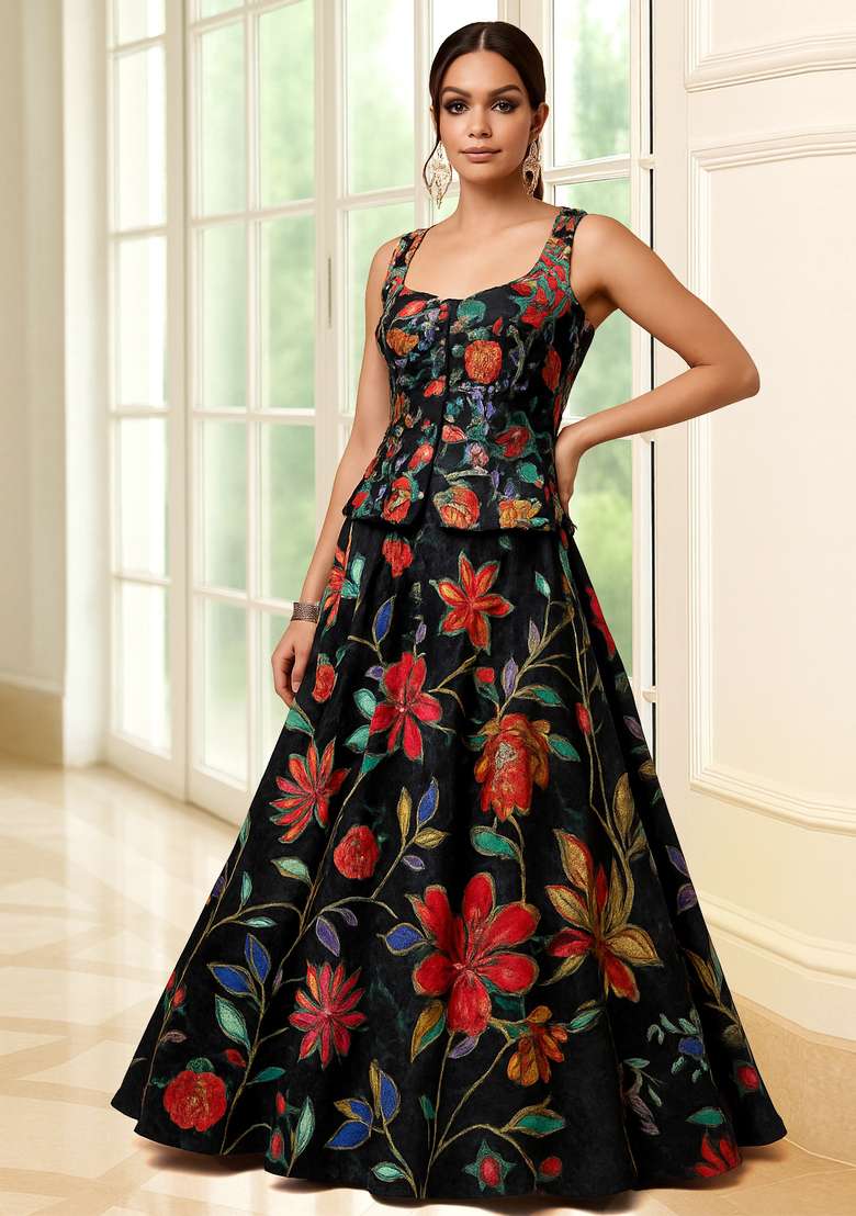 Black Embroidered Organza Lehenga Set - Indya