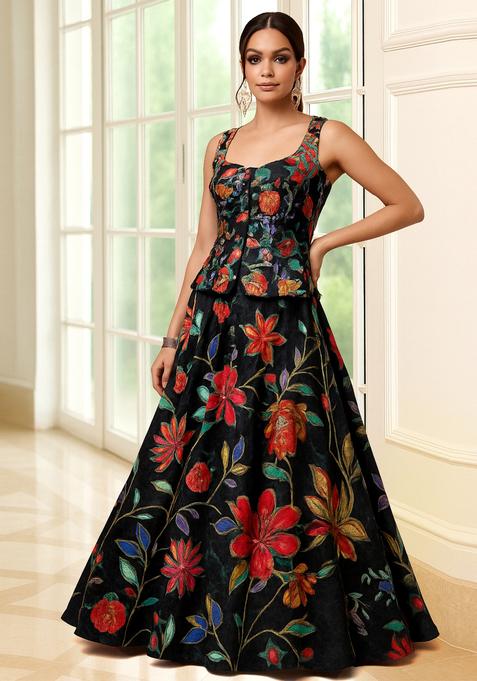 Black Embroidered Organza Lehenga Set