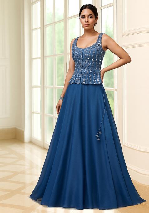 Blue Embellished Blouse Georgette Lehenga Set