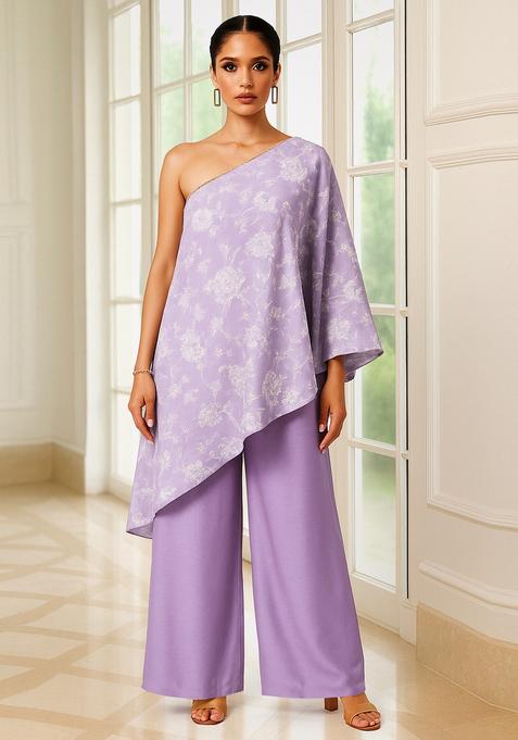 Lilac Embroidered Silk Fusion Set