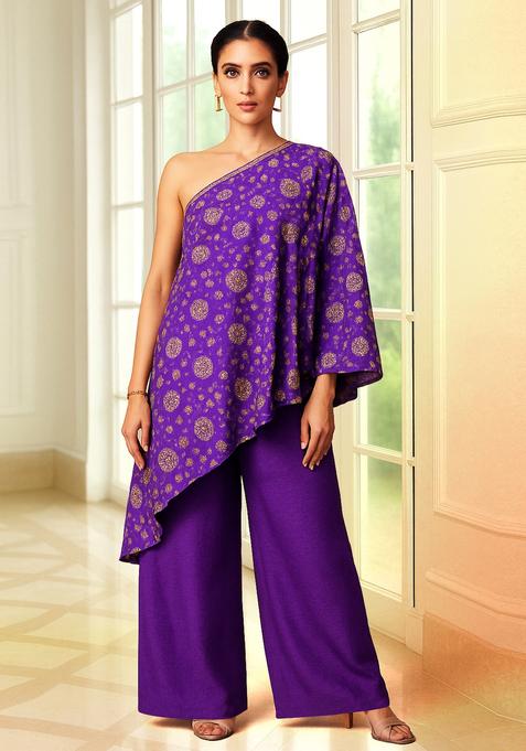 Purple Embroidered Silk Fusion Set