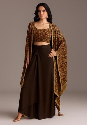 Brown Printed Tussar Silk Fusion Set