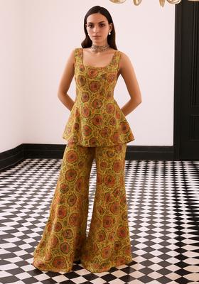 Yellow Printed Dola Silk Fusion Set