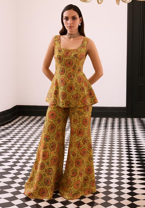 Yellow Printed Dola Silk Fusion Set