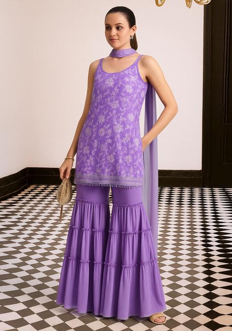 Lilac Embroidered Silk Fusion Set