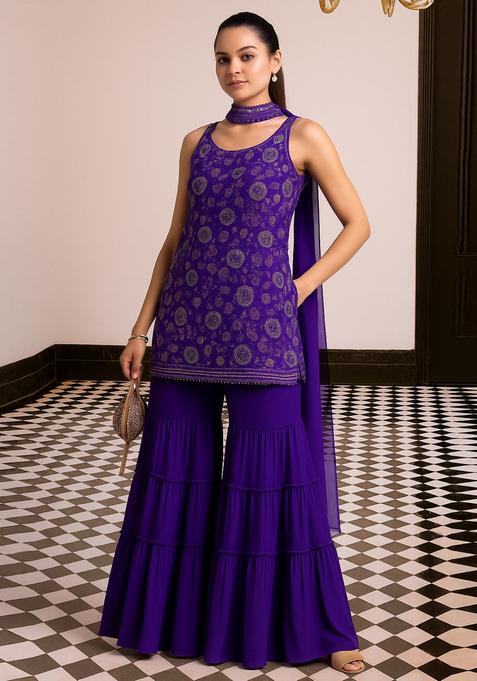 Purple Embroidered Silk Fusion Set
