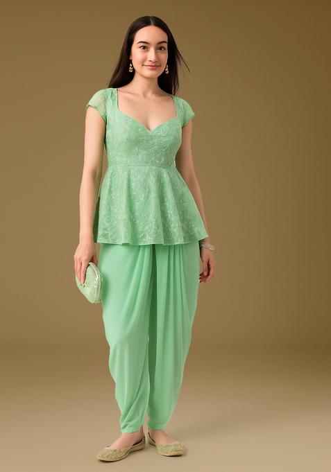Pista Green Embellished Georgette Fusion Set