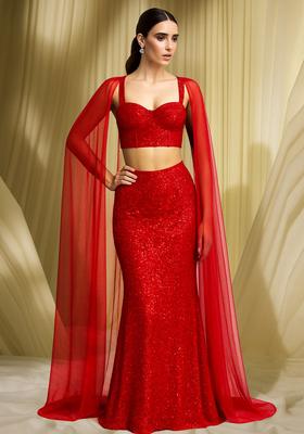 Red Embroidered Net Fusion Set