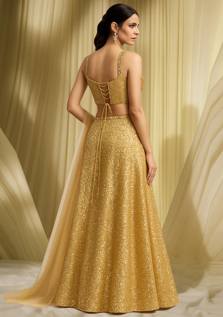 Beige Embroidered Net Fusion Set - Indya