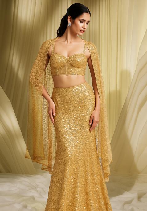 Beige Embroidered Net Fusion Set