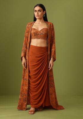 Orange Printed Crepe Fusion Set