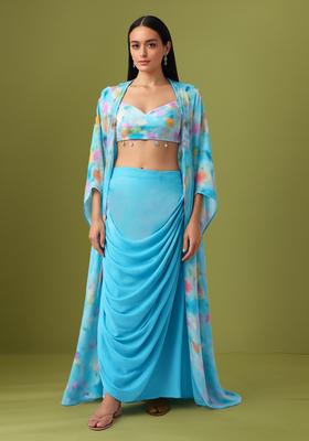 Blue Printed Crepe Fusion Set