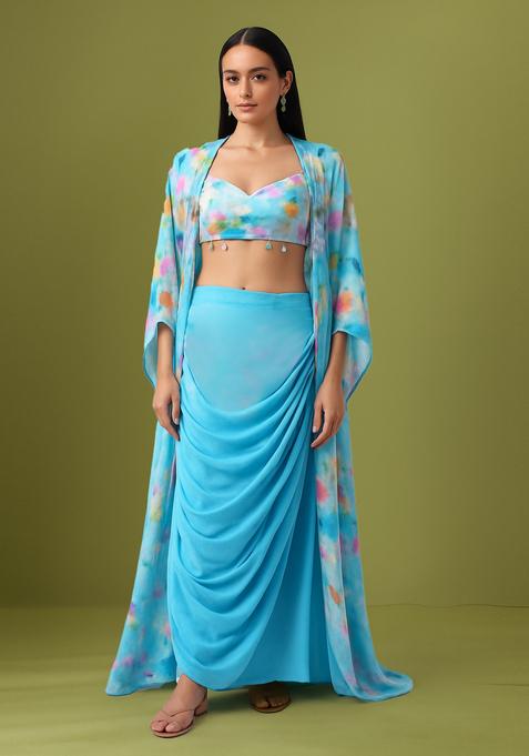 Blue Printed Crepe Fusion Set
