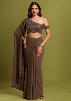 Brown Embellished Net Fusion Set